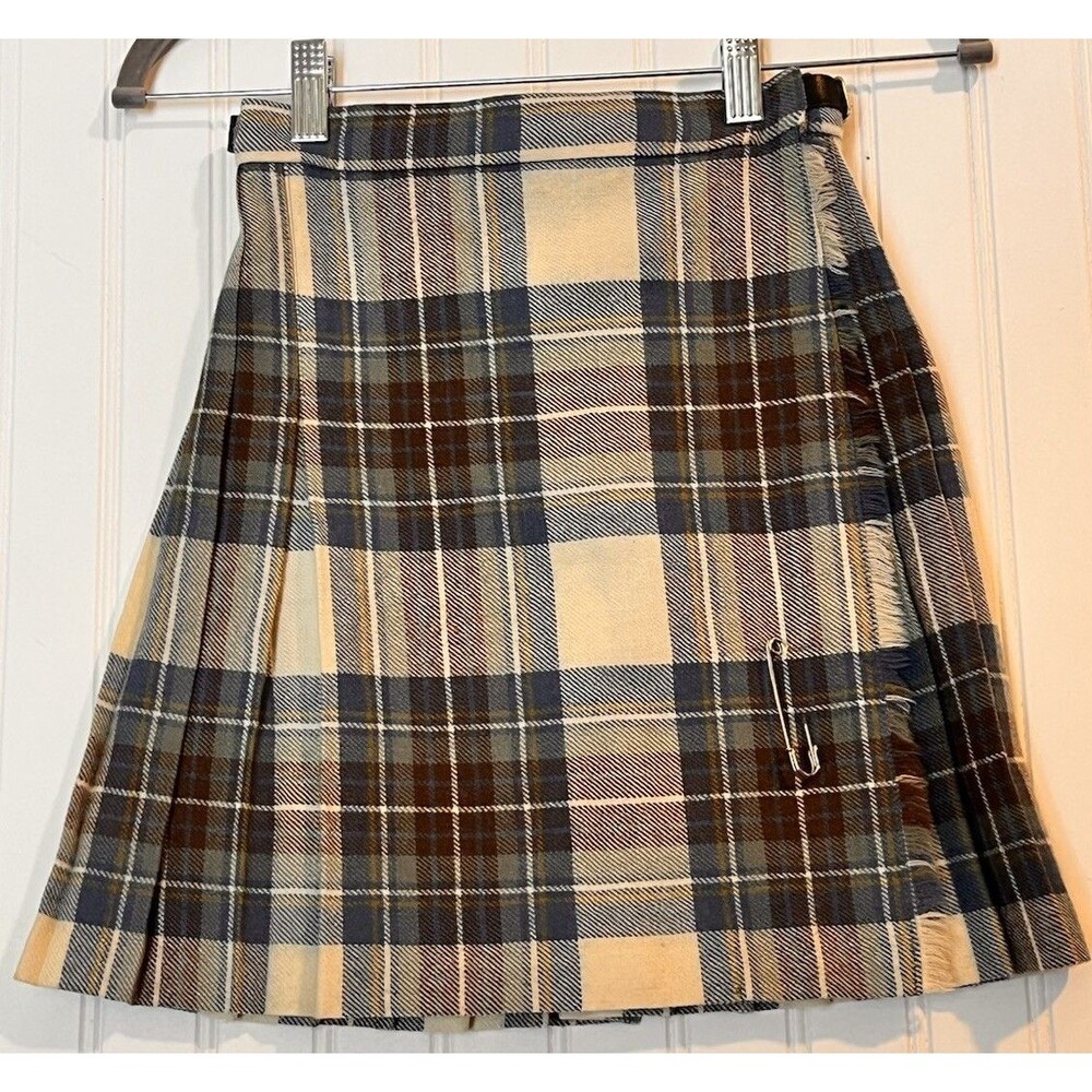 Vintage Tartan Kilt Side Buckles Kilt Pin Blue Cream Made In Scotland Girls UK 8